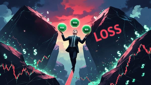 Illustration of a trader walking a tightrope while juggling wins and losses, symbolizing the psychological risks of high accuracy, low reward-to-risk trading systems.
