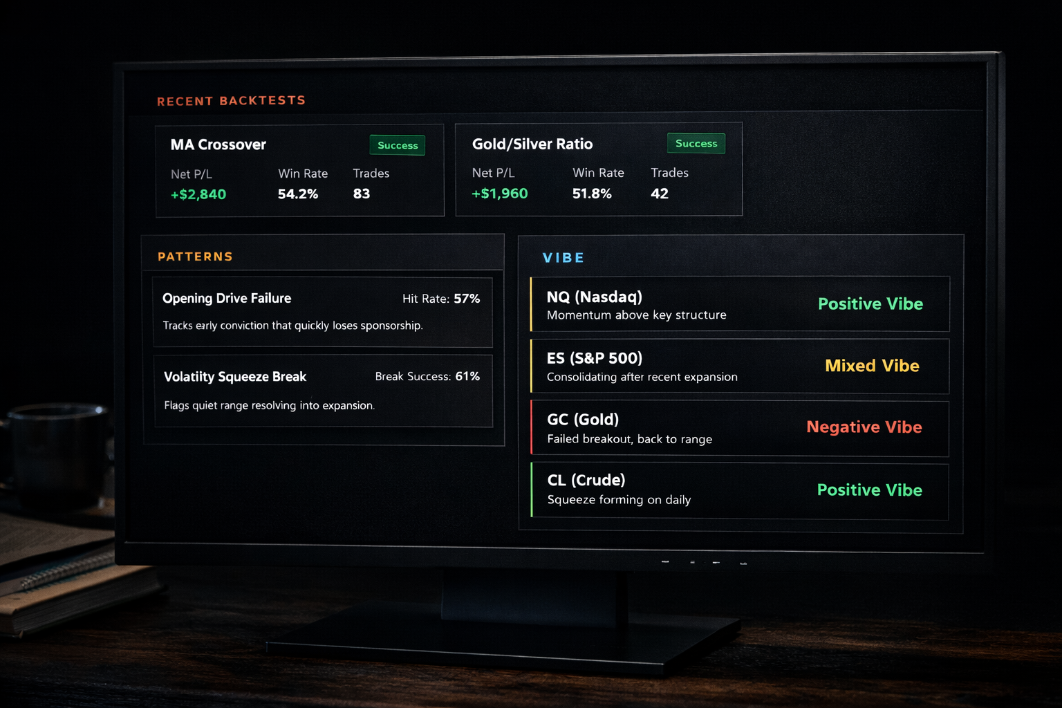 Fractiz dashboard on a monitor showing backtests, patterns, and VIBE readings